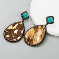 Retro Cow Pattern Water Droplets Leopard Pu Leather Alloy Inlay Turquoise Women's Drop Earrings 1 Pair main image 7