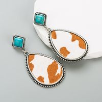 Retro Cow Pattern Water Droplets Leopard Pu Leather Alloy Inlay Turquoise Women's Drop Earrings 1 Pair main image 6