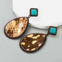 Retro Cow Pattern Water Droplets Leopard Pu Leather Alloy Inlay Turquoise Women's Drop Earrings 1 Pair main image 5