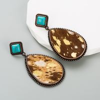 Retro Cow Pattern Water Droplets Leopard Pu Leather Alloy Inlay Turquoise Women's Drop Earrings 1 Pair main image 4