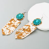 1 Pair Elegant Retro Flower Leopard Inlay Pu Leather Alloy Turquoise Turquoise Silver Plated Drop Earrings main image 1