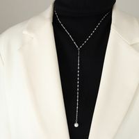 Titanium Steel Plated 18k Real Gold Tassel Long Necklace Pearl Y-shaped Clavicle Necklace Set sku image 1