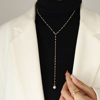 Titanium Steel Plated 18k Real Gold Tassel Long Necklace Pearl Y-shaped Clavicle Necklace Set sku image 4