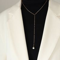 Titanium Steel Plated 18k Real Gold Tassel Long Necklace Pearl Y-shaped Clavicle Necklace Set sku image 2