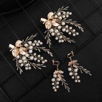 Bridal Jewelry Handmade Pearl Hair Clip Earring Set Headdress sku image 1