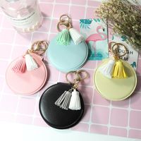 Round Pu Leather Cute Tassel Cosmetic Mirror Keychain main image 1