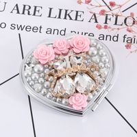 Heart Shaped Metal Pearl Flower Cat Double-sided Portable Cosmetic Mirror main image 2