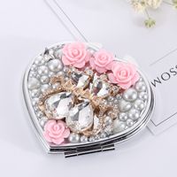 Heart Shaped Metal Pearl Flower Cat Double-sided Portable Cosmetic Mirror main image 1