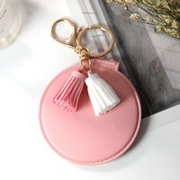 Round Pu Leather Cute Tassel Cosmetic Mirror Keychain main image 2