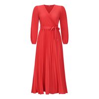 Britischer Stil Einfarbig V-ausschnitt Lange Ärmel Gerafft Polyester Kleider Midi-kleid Faltenrock main image 5