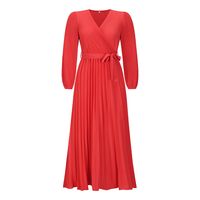 British Style Solid Color V Neck Long Sleeve Ruched Polyester Dresses Midi Dress Pleated Skirt main image 5