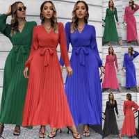 British Style Solid Color V Neck Long Sleeve Ruched Polyester Dresses Midi Dress Pleated Skirt main image 1
