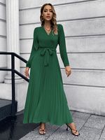 British Style Solid Color V Neck Long Sleeve Ruched Polyester Dresses Midi Dress Pleated Skirt main image 4