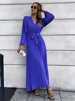 British Style Solid Color V Neck Long Sleeve Ruched Polyester Dresses Midi Dress Pleated Skirt main image 3