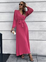 British Style Solid Color V Neck Long Sleeve Ruched Polyester Dresses Midi Dress Pleated Skirt main image 2