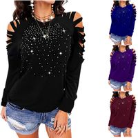 Moda Cielo Estrellado Algodón Cuello Redondo Manga Larga Manga Raglán Rasgado Diamante Camiseta De Manga Corta main image 1