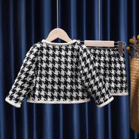 Fashion Houndstooth Button Cotton Girls Clothing Sets main image 4