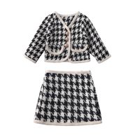 Fashion Houndstooth Button Cotton Girls Clothing Sets main image 5