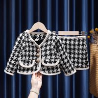 Fashion Houndstooth Button Cotton Girls Clothing Sets main image 1