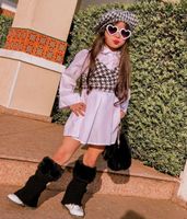 Fashion Houndstooth Solid Color Polyester Girls Clothing Sets main image 3