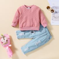 Fashion Solid Color Ripped Denim Knit Girls Clothing Sets main image 1