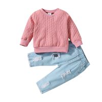 Fashion Solid Color Ripped Denim Knit Girls Clothing Sets sku image 4