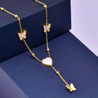 Fashion Heart Shape Butterfly Titanium Steel Inlay Shell Necklace main image 2