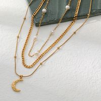 Fashion Moon Stainless Steel Pearl Gold Plated Layered Necklaces 1 Piece main image 3