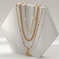 Fashion Moon Stainless Steel Pearl Gold Plated Layered Necklaces 1 Piece main image 4