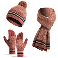 Unisex Fashion Stripe Flower Knit Winter Scarves 3 Piece Set main image 2