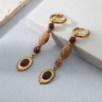 Retro Round Stainless Steel Gold Plated Inlay Natural Stone Drop Earrings 1 Pair sku image 1