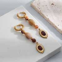 Retro Round Stainless Steel Gold Plated Inlay Natural Stone Drop Earrings 1 Pair main image 4