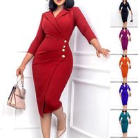 Fashion Solid Color Turndown 3/4 Length Sleeve Button Polyester Dresses Midi Dress Pencil Skirt main image 6
