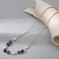 Fashion Round Stainless Steel Natural Stone Pearl Gold Plated Layered Necklaces 1 Piece main image 3