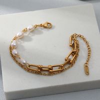 Fashion Solid Color Stainless Steel Layered Pearl Gold Plated Bracelets 1 Piece main image 5