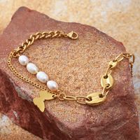 Fashion Butterfly Stainless Steel Pearl Gold Plated Bracelets 1 Piece main image 5