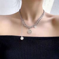 Fashion Heart Shape Smiley Face Titanium Steel Stoving Varnish Pearl Pendant Necklace 1 Piece sku image 8