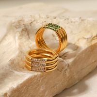 Fashion Round Stainless Steel Inlay Artificial Diamond Gold Plated Rings main image 5