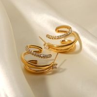 1 Pair Fashion C Shape Inlay Stainless Steel Zircon Hoop Earrings main image 3