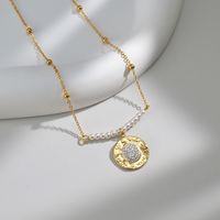 Simple Style Round Stainless Steel Artificial Pearl Patchwork Gold Plated Rhinestones Pendant Necklace 1 Piece main image 1