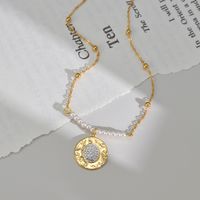 Simple Style Round Stainless Steel Artificial Pearl Patchwork Gold Plated Rhinestones Pendant Necklace 1 Piece main image 4