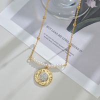 Simple Style Round Stainless Steel Artificial Pearl Patchwork Gold Plated Rhinestones Pendant Necklace 1 Piece main image 3