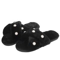 Women's Fashion Solid Color Pearls Open Toe Plush Slippers sku image 1