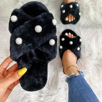 Women's Fashion Solid Color Pearls Open Toe Plush Slippers main image 5