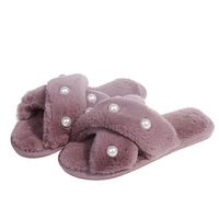 Women's Fashion Solid Color Pearls Open Toe Plush Slippers sku image 9