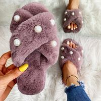 Women's Fashion Solid Color Pearls Open Toe Plush Slippers main image 6