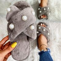 Women's Fashion Solid Color Pearls Open Toe Plush Slippers main image 3