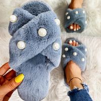 Women's Fashion Solid Color Pearls Open Toe Plush Slippers main image 2
