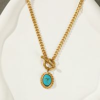 Fashion Oval Stainless Steel Plating Turquoise Pendant Necklace 1 Piece main image 2