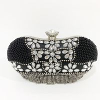 Black Gold Silver Pu Leather Crown Solid Color Rhinestone Pearls Clutch Evening Bag sku image 1
